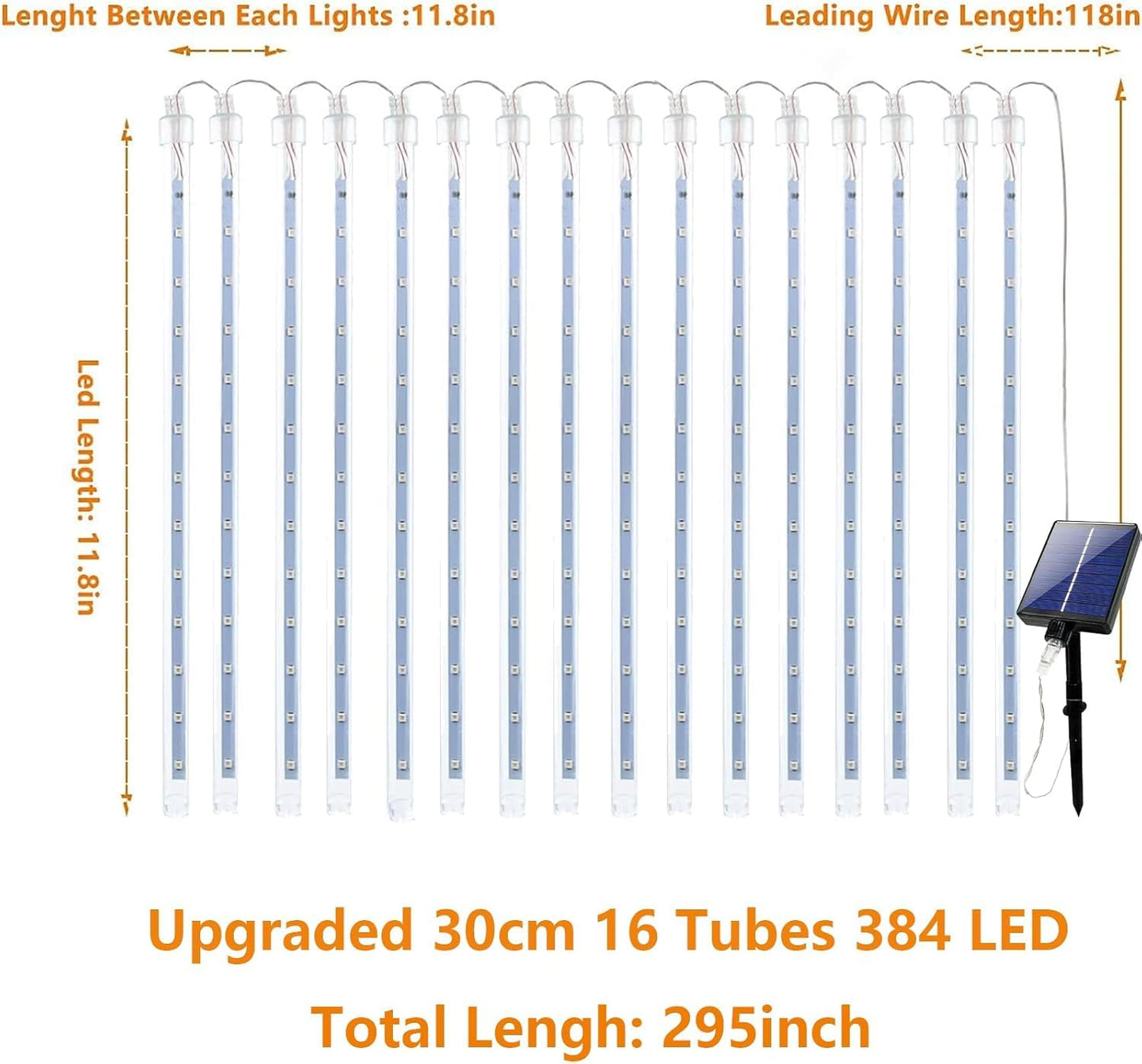 Solar Meteor Shower Lights, Solar Christmas Lights 16 Tubes 384 LEDs (Equivalent to 2 Sets of 8-Tube), Outdoor Waterproof Icicle String Light, LED Rain Drop Light for Tree Garden Decor (Cool White)