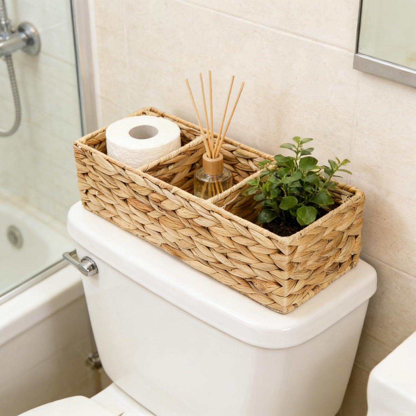 Pumtus 2 Pack 3-Section Woven Baskets, Water Hyacinth Storage Bin, Handwoven Desk Organizer, Toilet Paper Container, Rectangle Holder for Counter Top Toilet Tank Shelves Coffee Bar Pantry