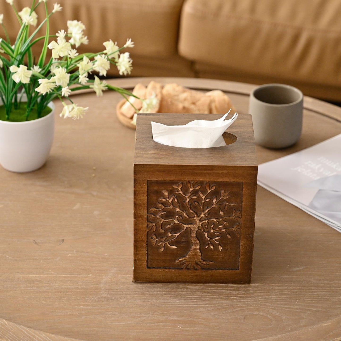 SwallowLiving Upgraded Large Tissue Box Cover Square - Decorative Wooden Tissue Holder with Sliding Bottom, Tree of Life Farmhouse Decor for Bathroom, Office Living Room, Fits Most Cube Tissues, Brown