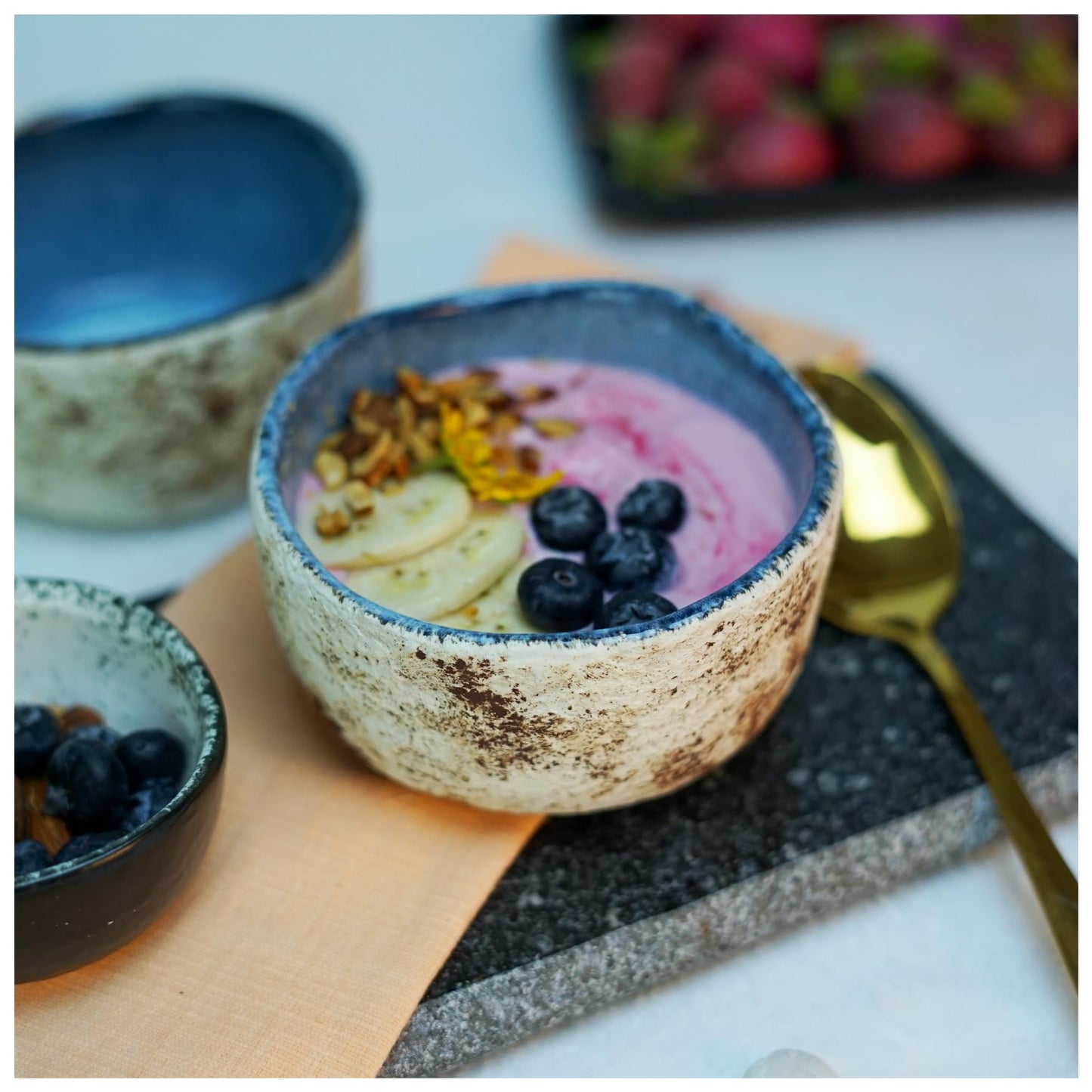 RoRo Handmade 4.5-Inch Rustic Coral Ceramic Miso Bowls β Set of 2, Hand-Glazed Blue Interior with Textured Finished, Microwave & Dishwasher Safe