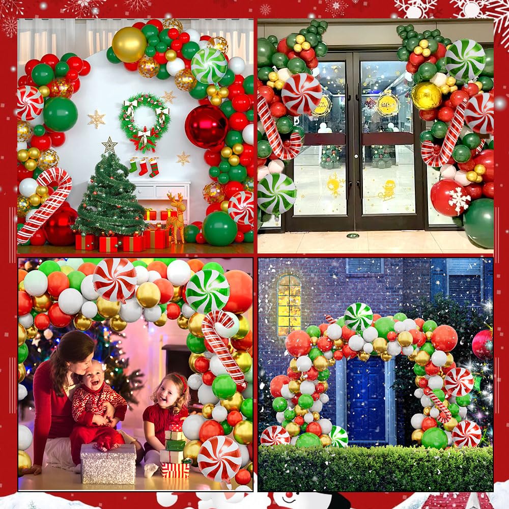 Christmas Decorations Balloons Arch Kit - 126 PCS Red Green White Gold Confetti Xmas Foil Balloons Candy Cane Balloon Garland Arch Kit for Xmas Christmas Decorations Holiday New Year Party Supplies