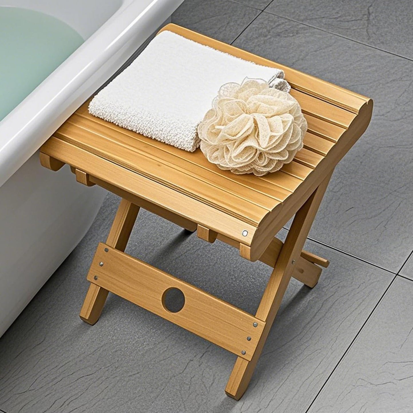 HOZEON 2 Pack 11 x 11 x 12.6 Inches Natural Bamboo Folding Stool for Shaving, Shower, Foot Rest, Picnic, Fishing