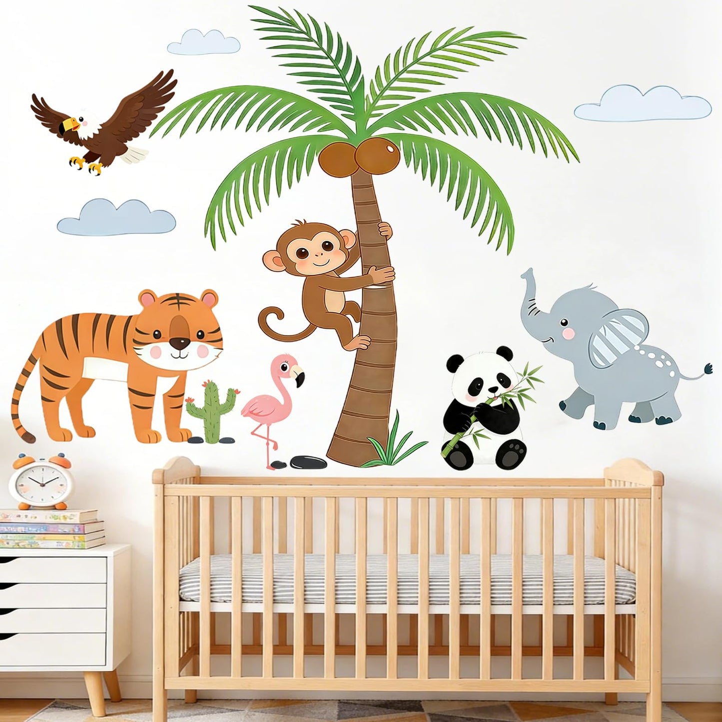 Jungle Tree Animal Wall Decals with Eagle Monkey Tiger Panda Elephant, Peel and Stick Safari Wall Stickers for Baby Nursery, Kids Bedroom and Playroom Decor