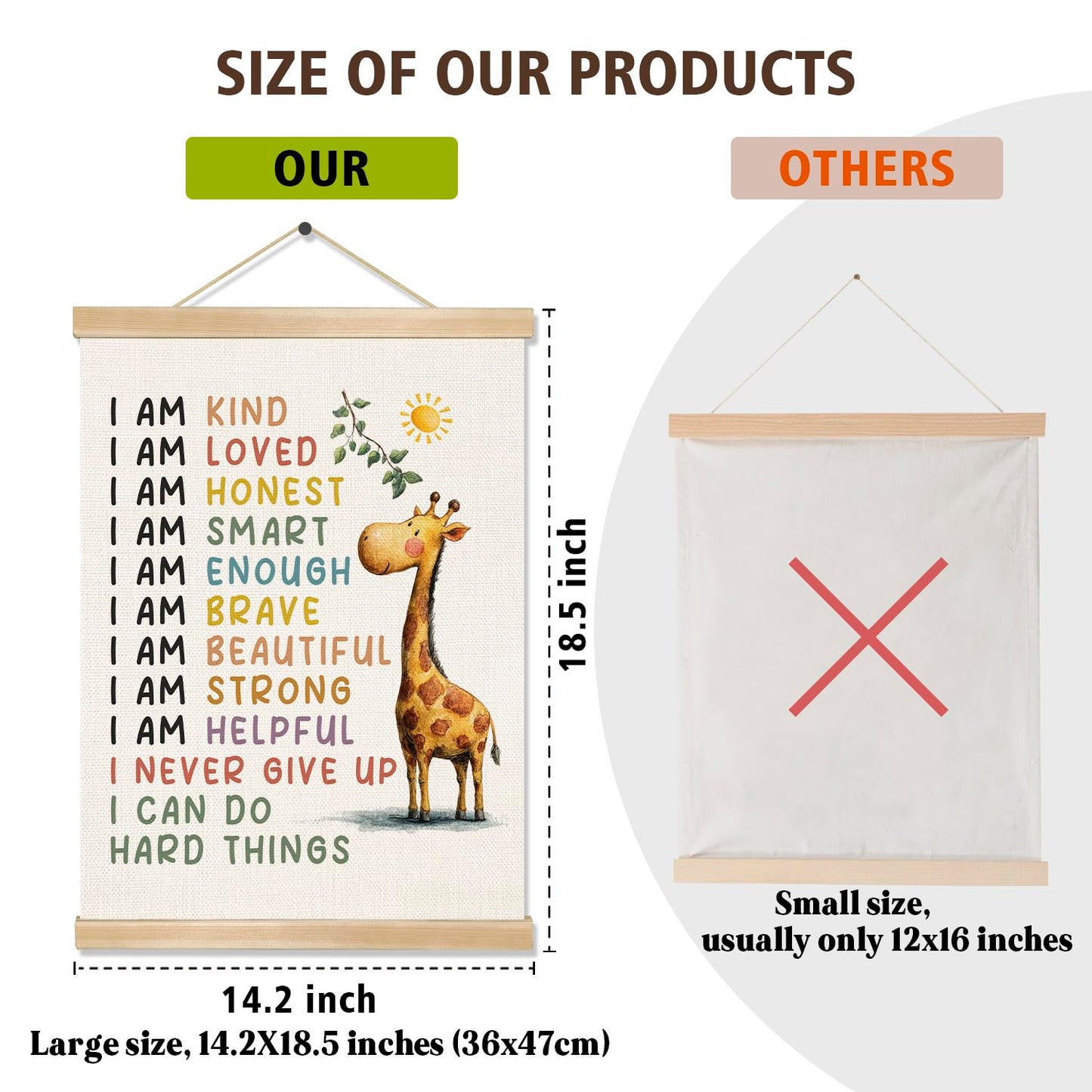 Positive Affirmations Wall Art Decor– I Am Kind,I Am Strong Canvas Poster with Giraffe Pattern, Motivational Wall Hanging Decor for Classroom Nursery Playroom,Kids Room Decor 14.5x18Inch(Je03)