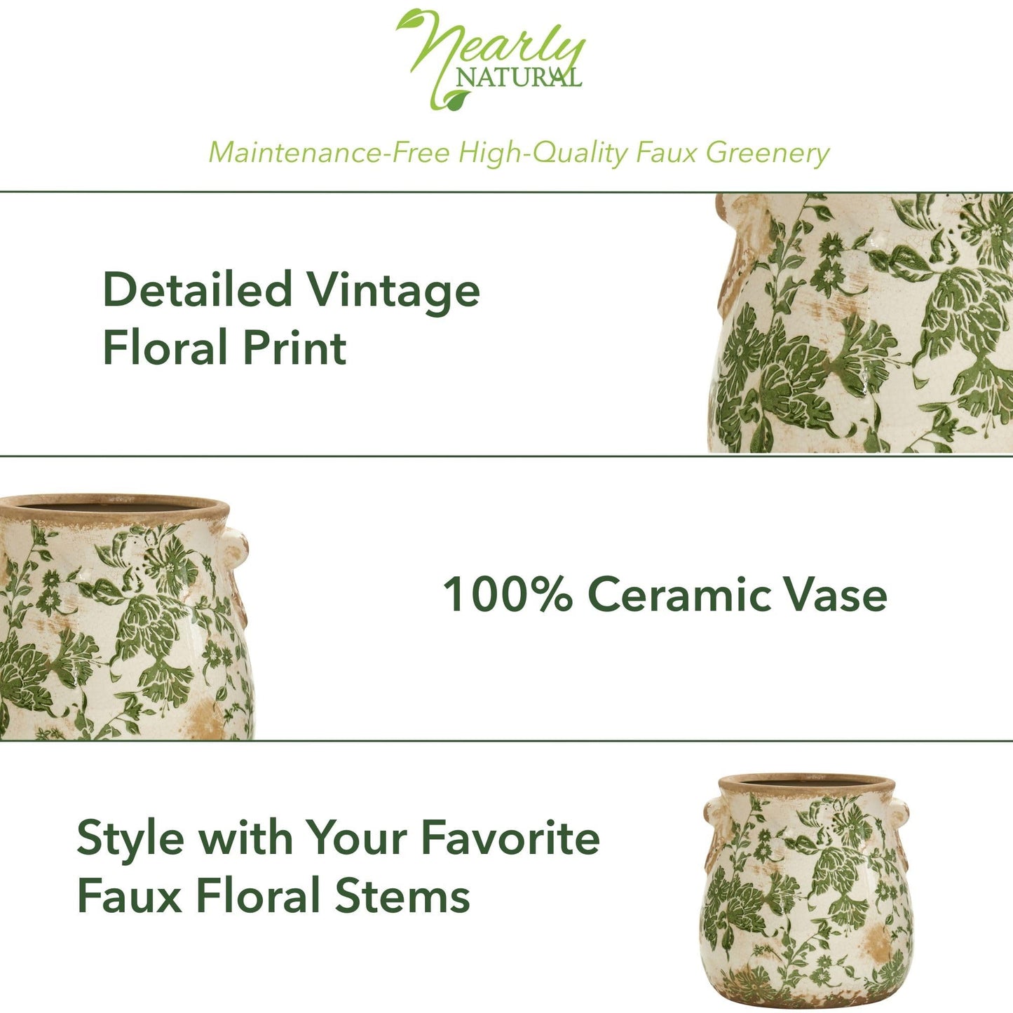 Nearly Natural 6.5in Ceramic Decorative Vase, Tuscan Style Green Floral Scroll Design For Indoor Home Shelf Table Decor