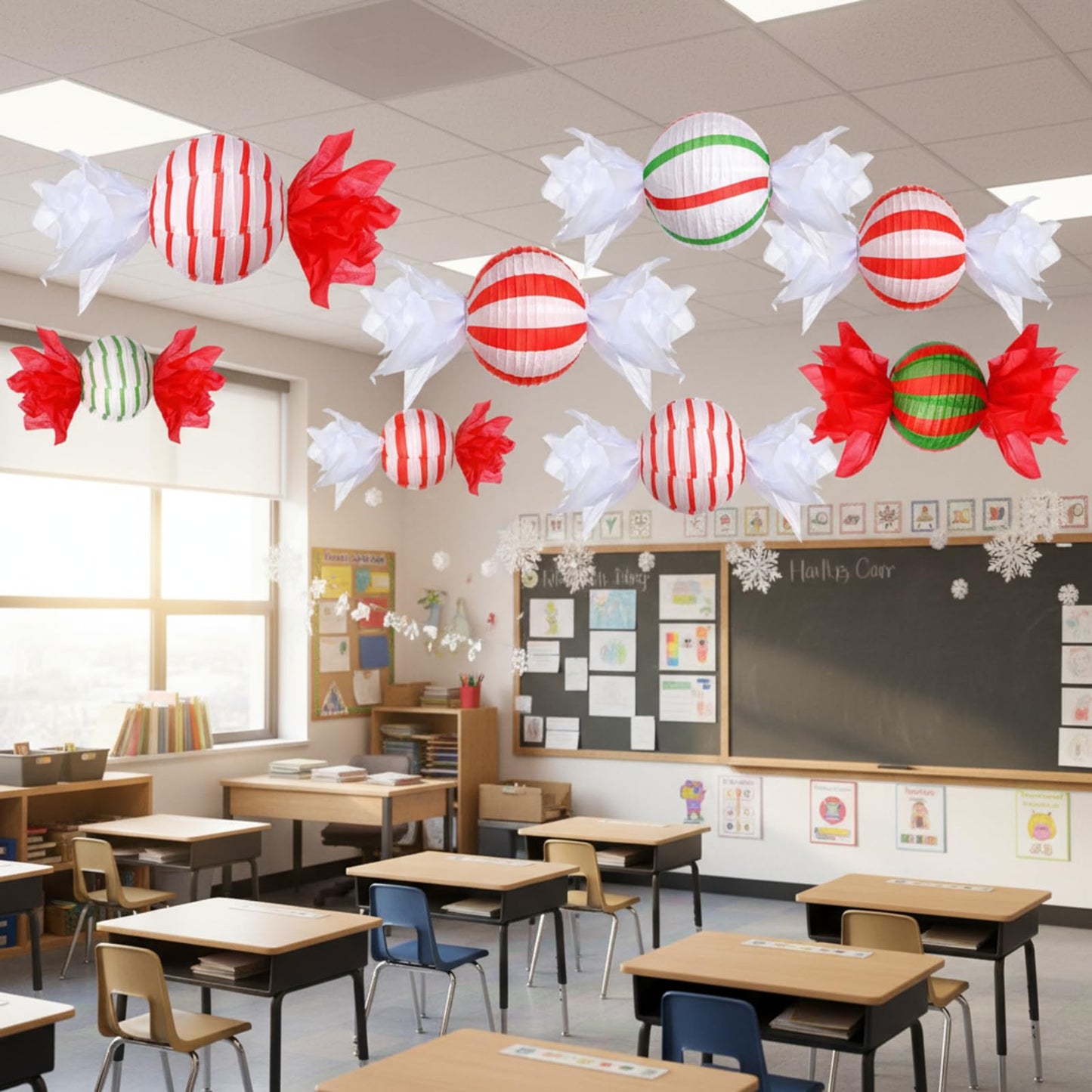 Riakrum 12 Pcs Christmas Candy Paper Lanterns 10 Inch Red Green White Christmas Hanging Paper Lantern Decorations Craft Sets for Xmas Party Supplies Indoor Outdoor Decor