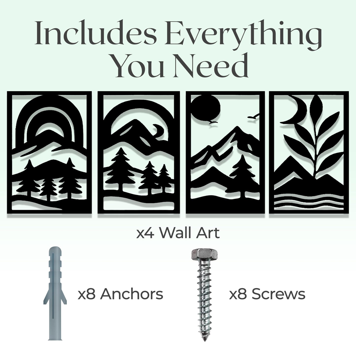 GALLERY GRACE Metal Wall Art Decor – 11" x 16" Set of 4 Abstract Landscape Panels for Living Room, Office, or Bedroom – Minimalist Single Line Black Wall Art with Mountains, Trees, and Sunrise