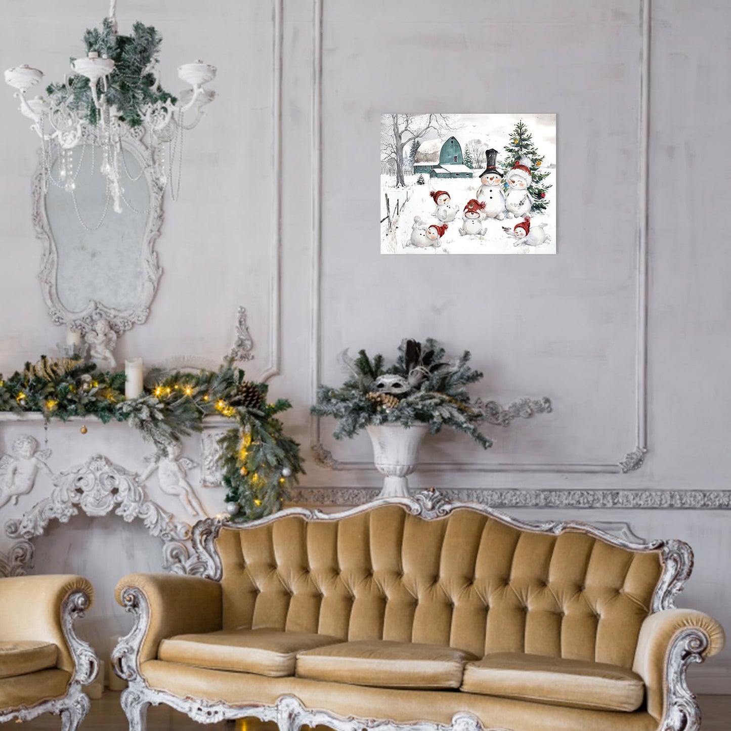 Snowman Christmas Pictures Wall Decor: Christmas Canvas Wall Art Winter Snowman Family Poster Blue Barn Prints Paintings Farmhouse Christmas Decorations for Home Bedroom Living Room 10" x 12"