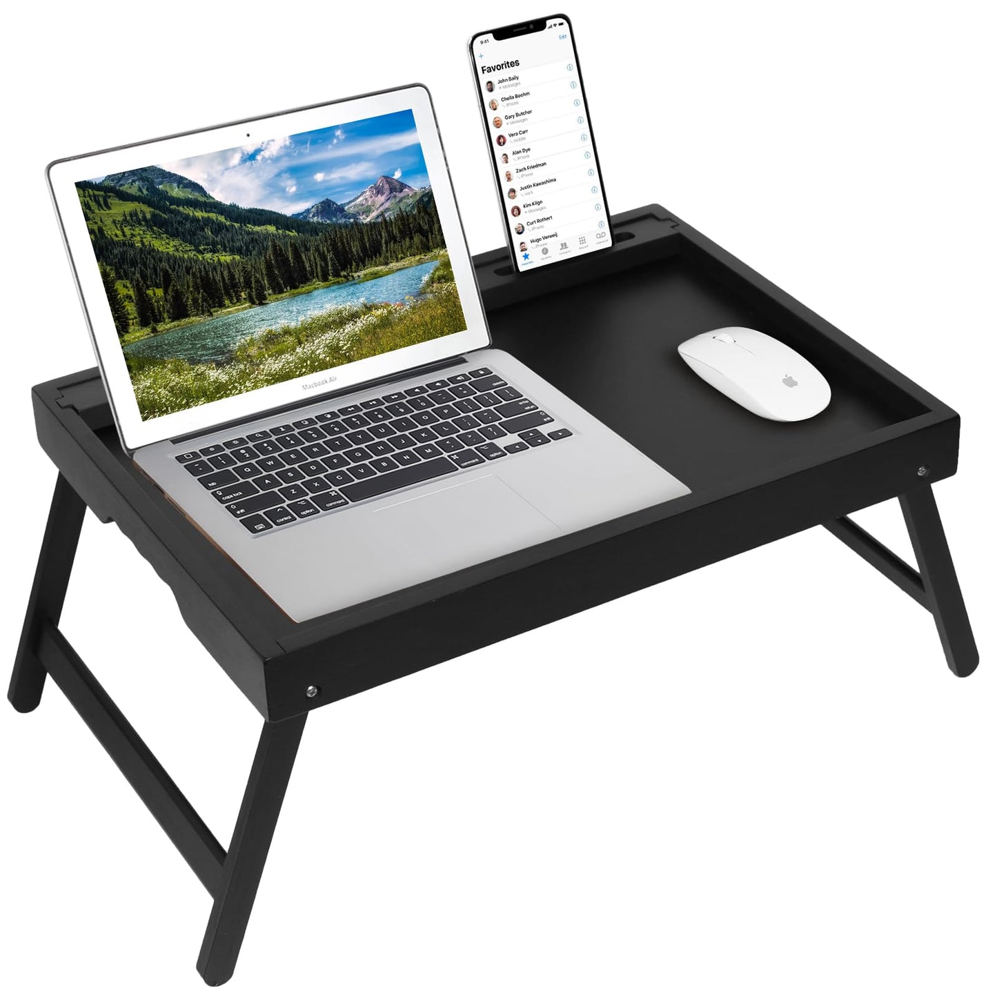 Bed Tray Table with Handles Folding Legs,Bamboo Breakfast Food Tray with Media Slot,Use As Platter,Laptop Desk,Snack,TV Tray Kitchen Serving Tray Black Large