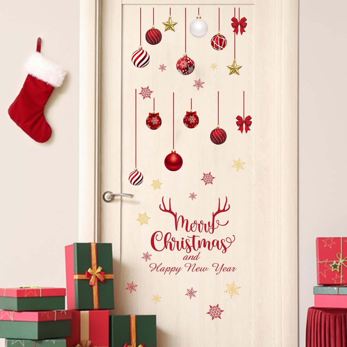 Mfault Merry Christmas and Happy New Year Wall Decals Stickers, Red Gold Xmas Balls Snowflake Decorations Bedroom Art, Winter Holiday Star Bow Antler Home Kitchen Decor
