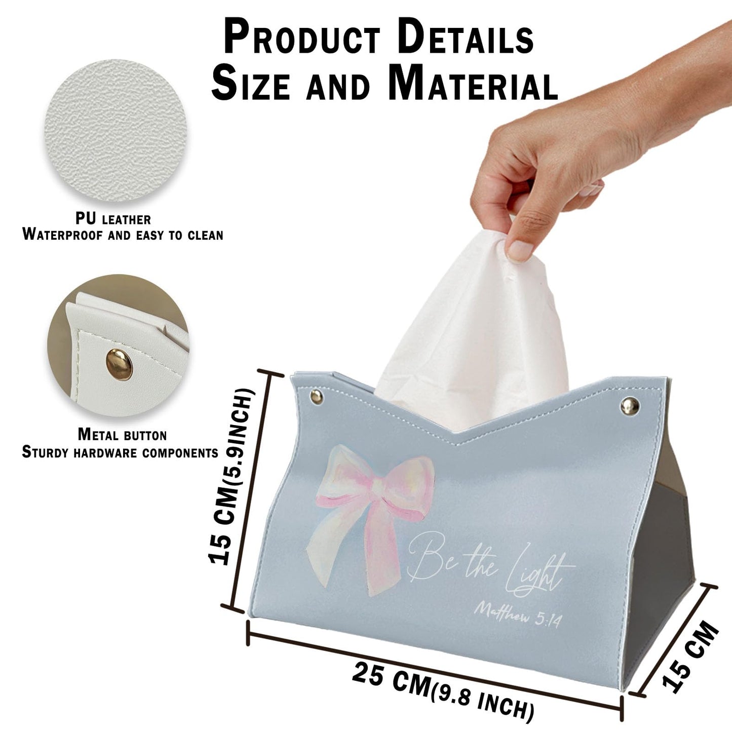 Blue Pink Bows Tissue Box Cover Rectangle, Christian Decorative Facial Tissues Boxes for Living Room Desk, Bible Be The Light PU Leather Tissue Holder for Bathroom Kitchen 9.8x5.9x5.9