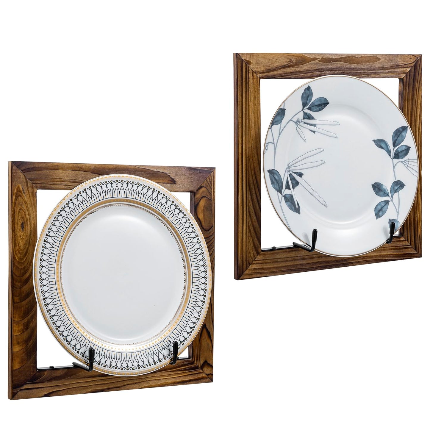 MyGift Set of 2 Wall Mounted Single Plate Holders with Decorative Wooden Frame, Rustic Burnt Solid Wood Display Racks and Black Metal Wire Hanger Hooks for 8 to 11 Inch Plates