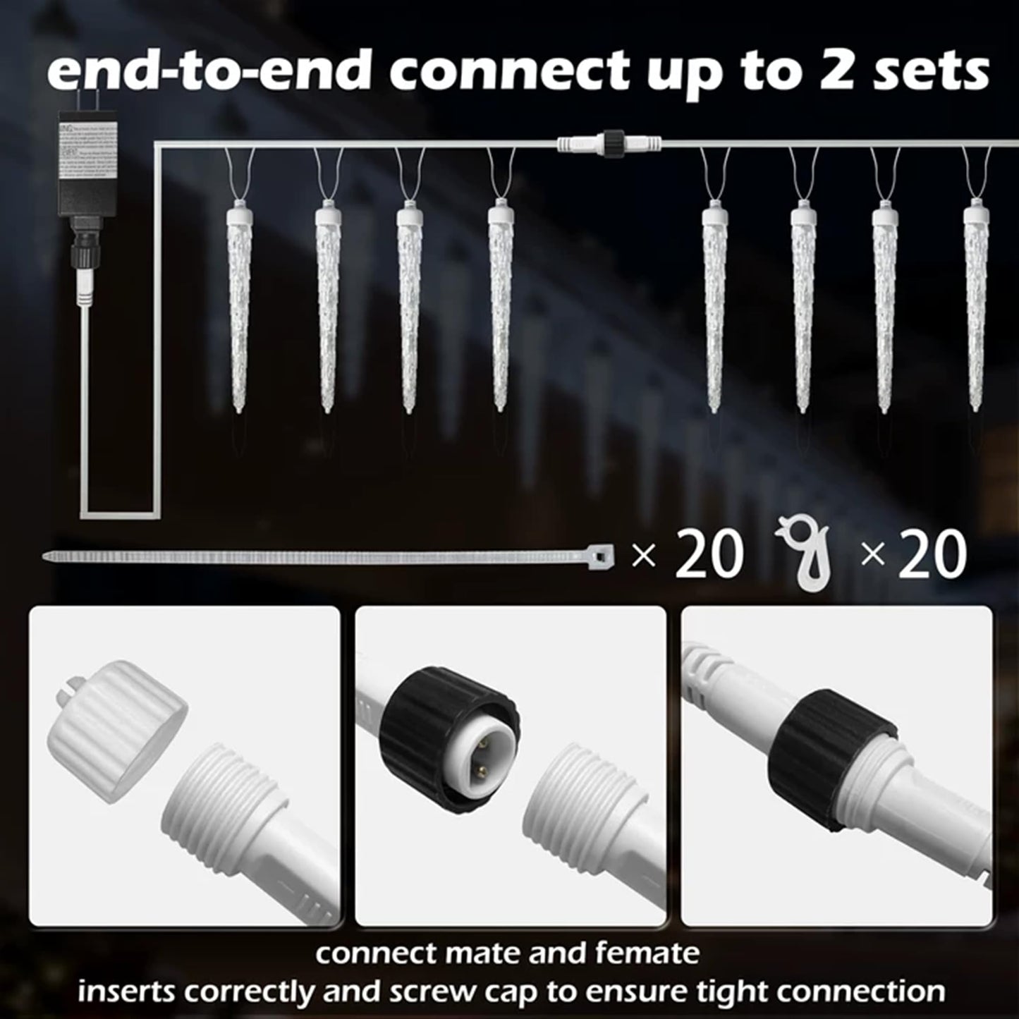 beatineon Icicle Lights for Outside,20ft 480 LEDs Crystal Meteor Shower Icicle Lights,Waterproof Plug in Hanging Icicle Christmas Lights for Christmas Garden Tree Decor