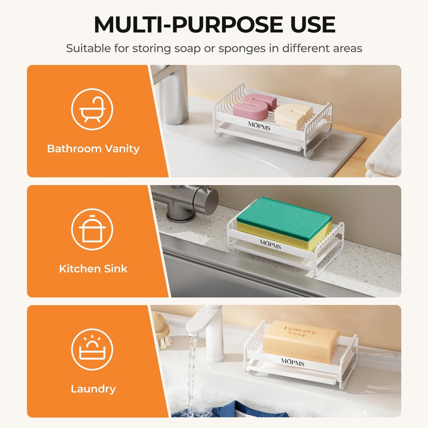 Soap Dish for Shower, Carbon Steel Bar Soap Holder with Drainage and Water Tray, Soap Saver for Bathroom, Kicthen Sink and Countertop