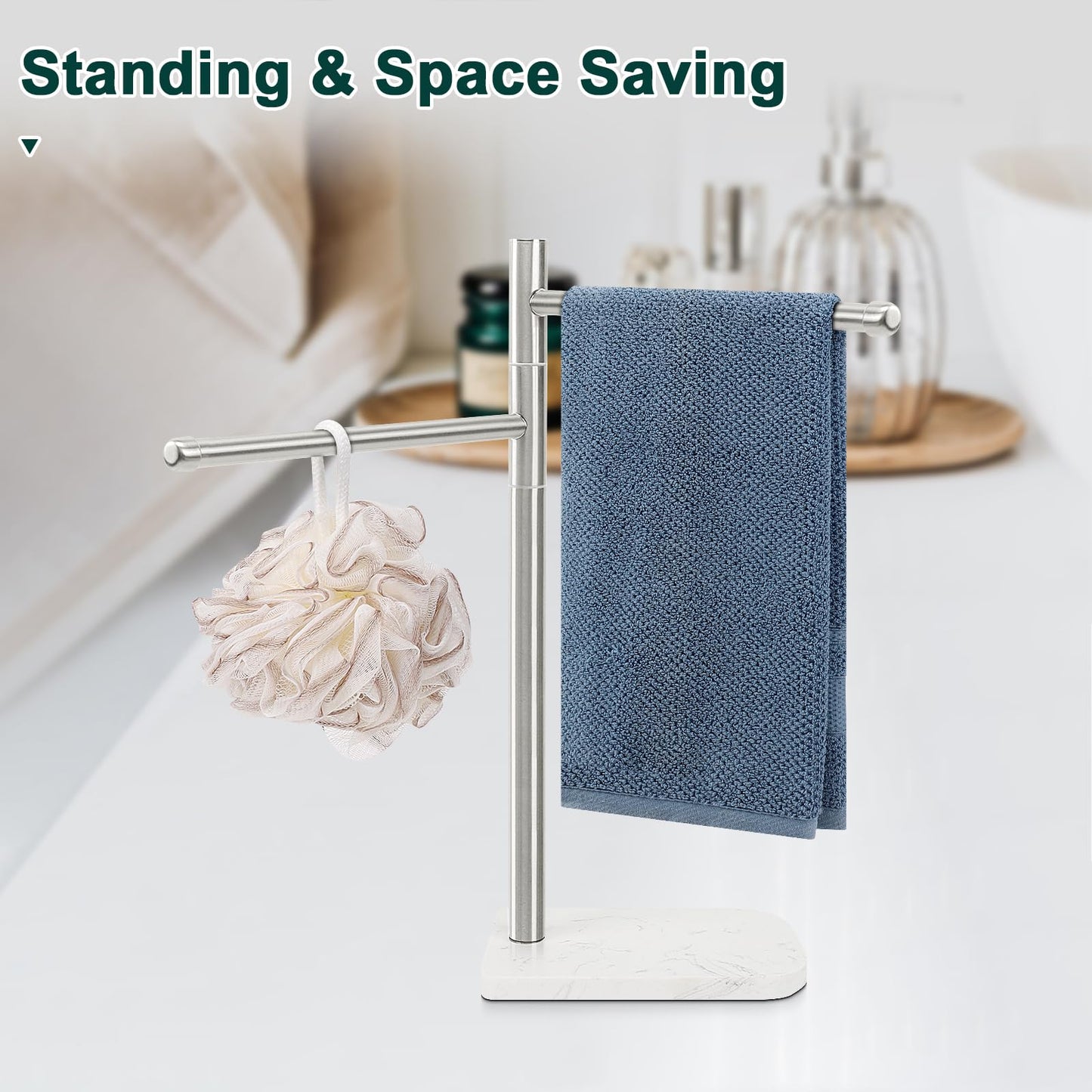 BathAce Hand Towel Holder, F-Shape Hand Towel Stand with Marble Base, Stainless Steel Swivel Hand Towel Rack Standing Towel Bar for Bathroom Kitchen Countertop, 2 Arms (Brushed Nickel)