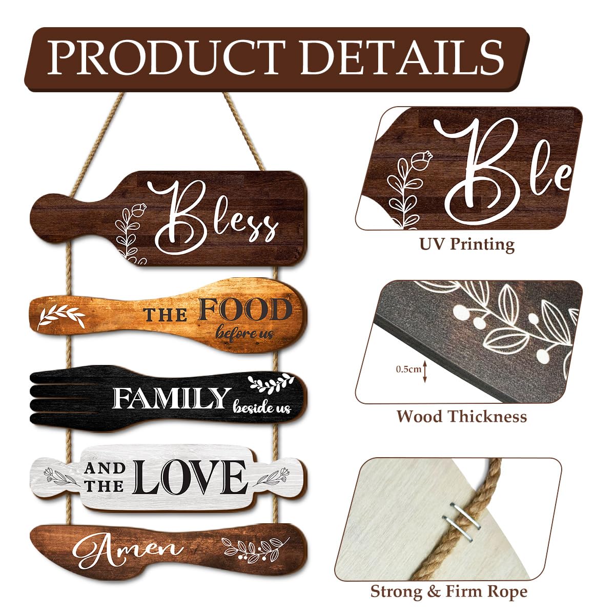 Dazzlewall 5Pcs Kitchen Wall Decor, Bless the Food Cookware Shaped Hanging Signs for Farmhouse Kitchen Rustic Wooden Plaques for Country Dinning Room