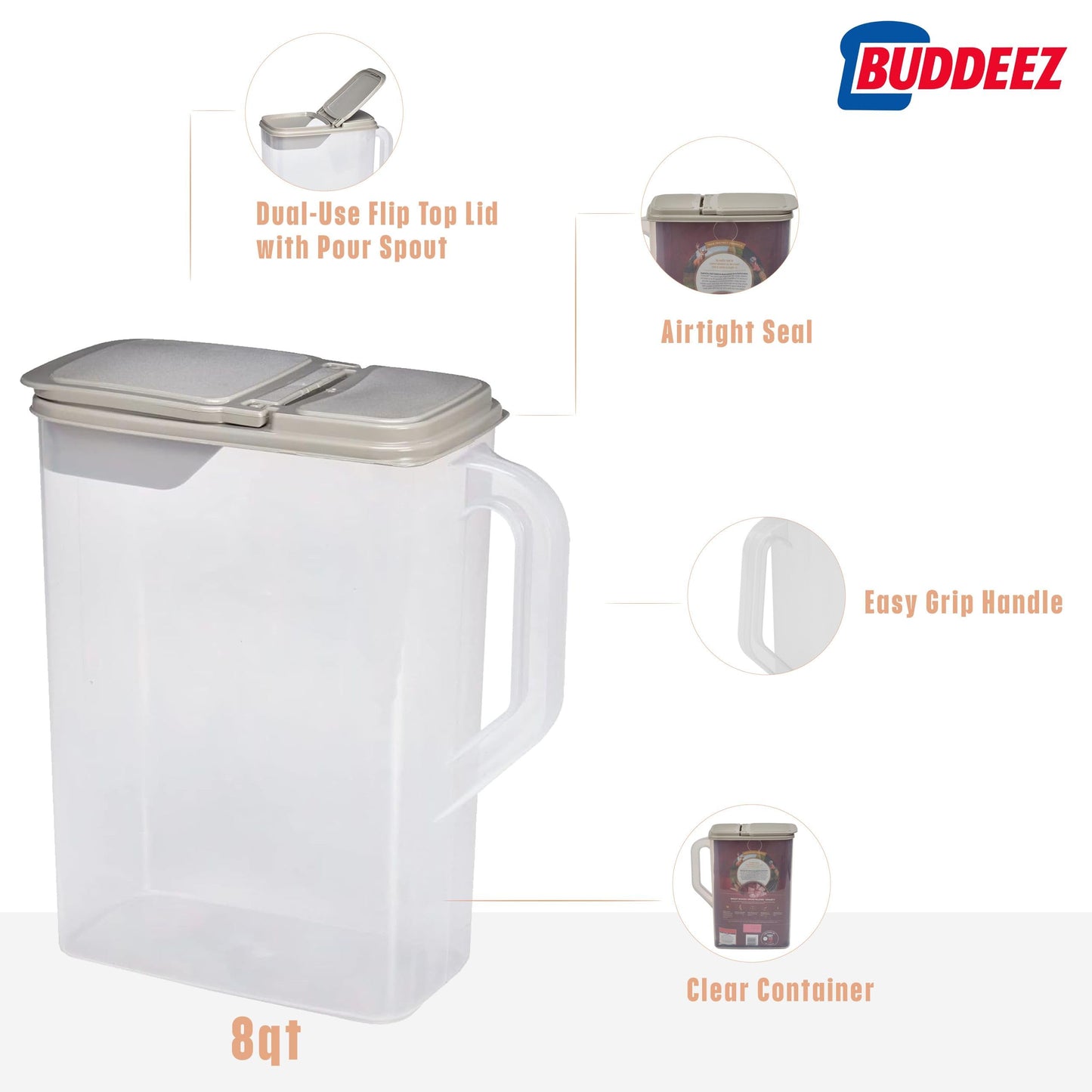 Buddeez Pet Food Storage Container - 8 Quart Capacity Bird Seed Container & Dog Food Storage, with Durable EZ Grip Handle and EZ Flip Lid with Pour Spout