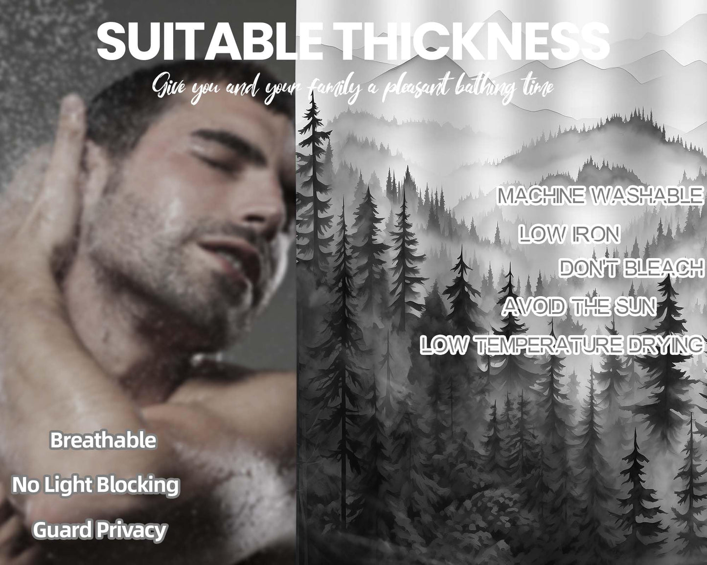 QGHOT Mountain Shower Curtain Black and White Forest Nature Shower Curtains for Mens Bathroom Charcoal Grey Rustic Woodland Pine Tree Cool Bath Decor Sets, Waterproof Fabric with Hooks, 70x72in