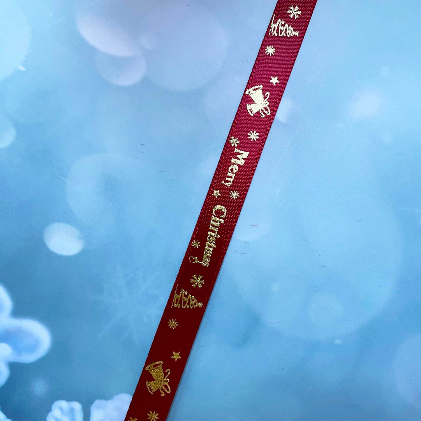 LXKBD 50 Yards Merry Christmas Ribbon Christmas Tree Bells Snowflake, 3/8 inch Wide Satin Ribbons for Festival Holiday Party Decoration Gift Wrapping Crafts (Wine Red)
