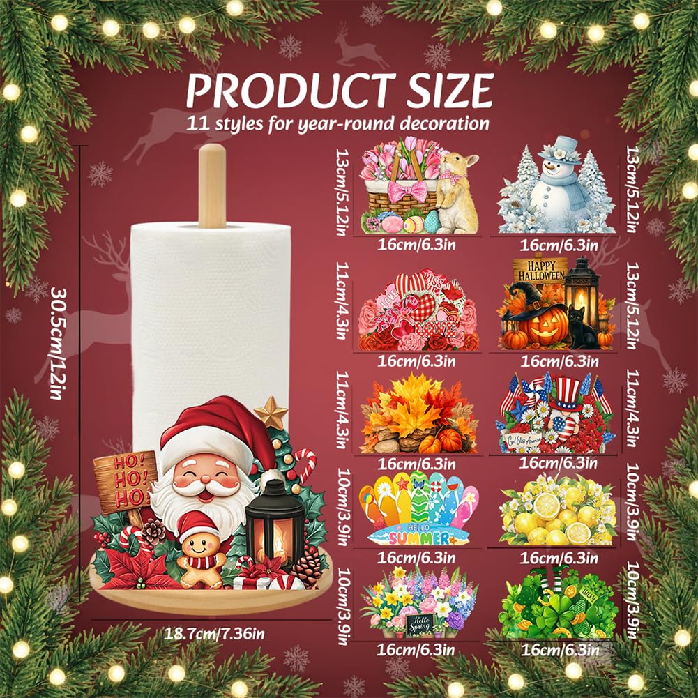 Bamboo Paper Towel Holder with 11 Set Interchangeable Holiday Signs, Rustic Kitchen Decor | Seasonal Countertop Stand for Christmas,Spring,Summer,Fall,Winter,Valentine's Day,Easter,Halloween,