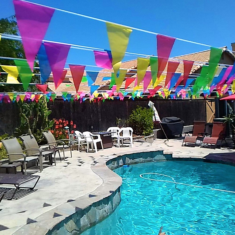 Novelty Place 100 Feet Pennant Banner - 75 Multicolor Bunting Flags (7x11 Inches) - Birthday Party Grand Opening Christmas Decorations