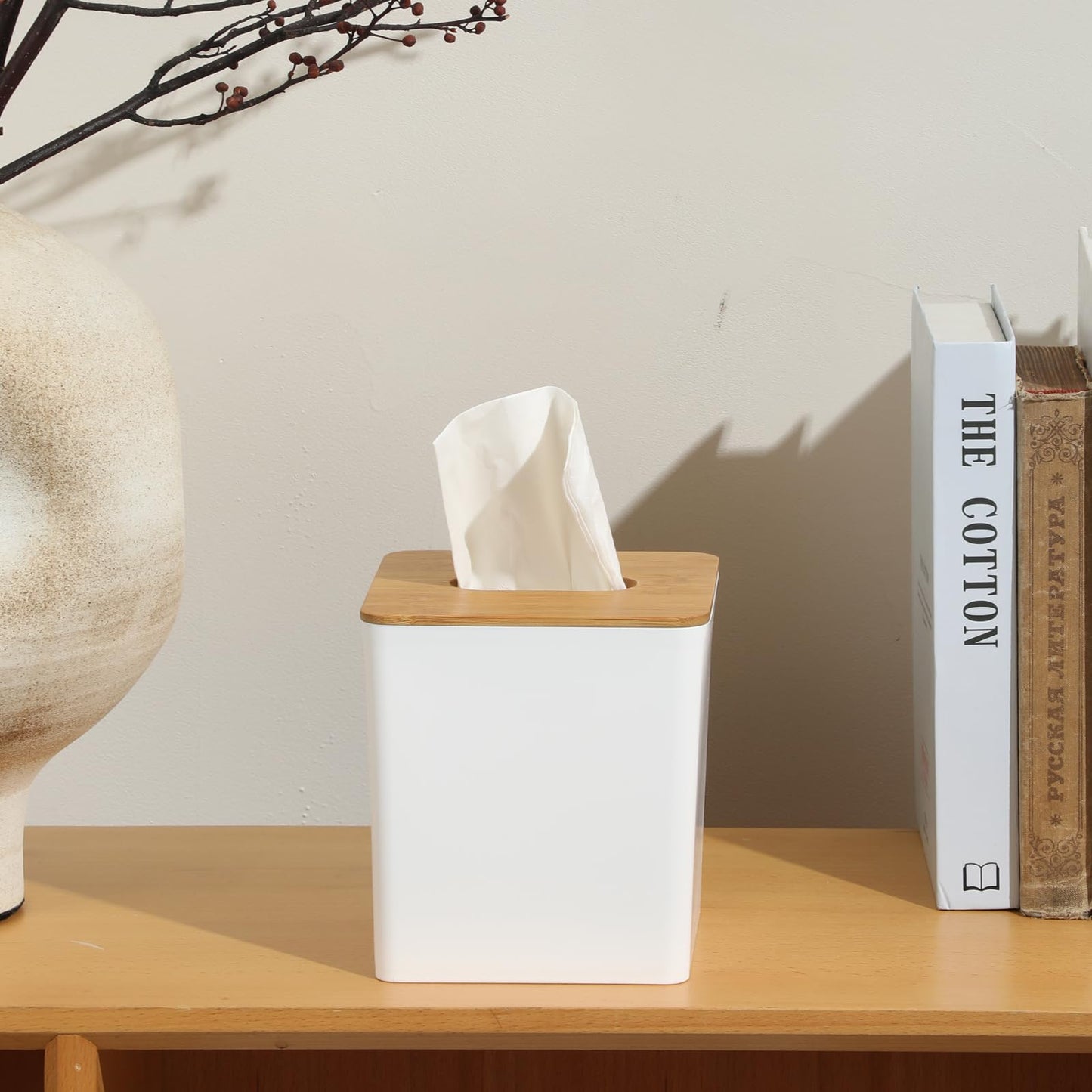 Tissue Box Cover Square,Tissue Box Holder with Bamboo Lid,Tissue Dryer Sheet Holder for Modern Farmhouse Boho Decor,1 Pack,(White)