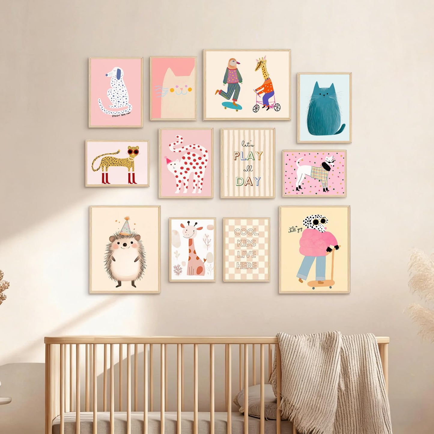 Aroutde 12Pcs Pink Girl Room Decorations Playroom Wall Art, Cartoon Animals Wall Art Funny Cat Dog Giraffe Hedgehog Prints Boys & Girls Kids Toddler Room Bedroom Eclectic Gallery Artwork (Unframed)