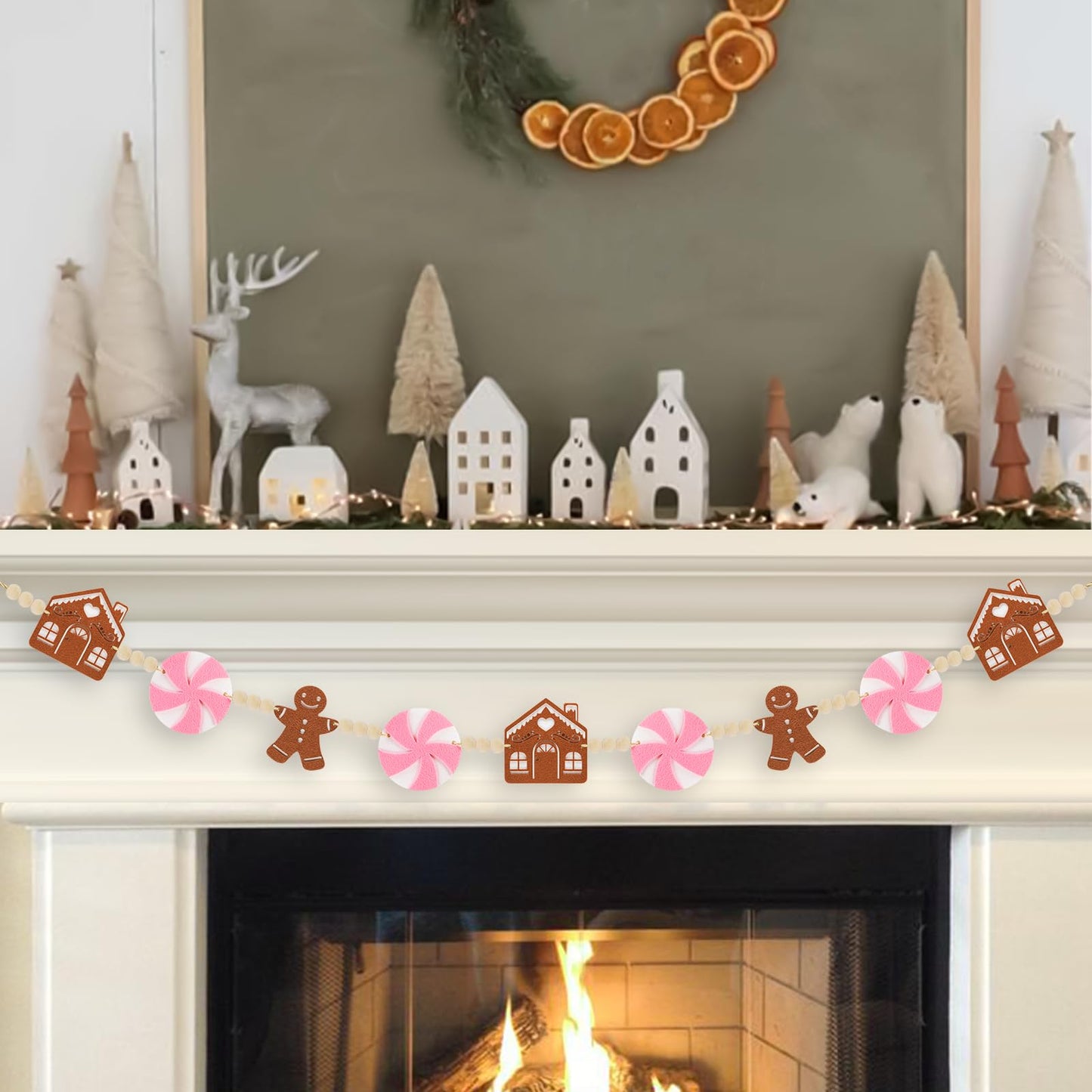 KnomeKo 6Ft Pink Christmas Garland - Pink Candyland Christmas Ornaments Felt Gingerbread House with Wood Beads - Christmas Gingerbread Decor for Mantle, Wall, Tree, Indoor