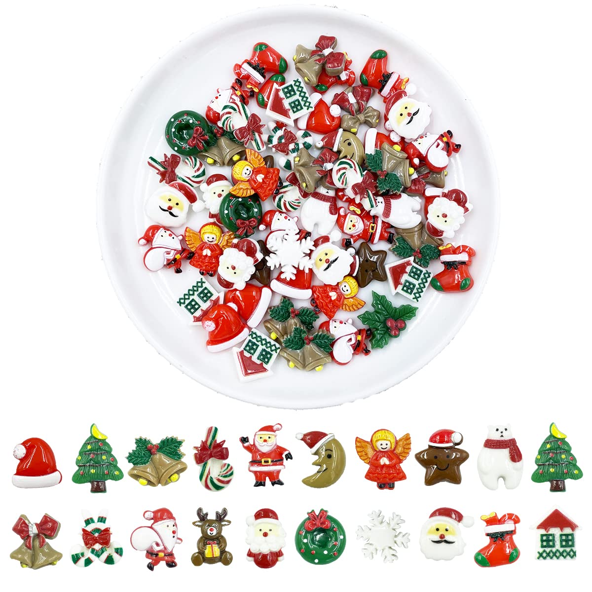 Christmas Flatback Charms, 55Pcs Christmas Resin Flatback Charms Assorted Button Santa Snowman Tree Bell Deer Cartoon Embellishments Supplies for DIY Scrapbooking Jewelry Cell Phone Case