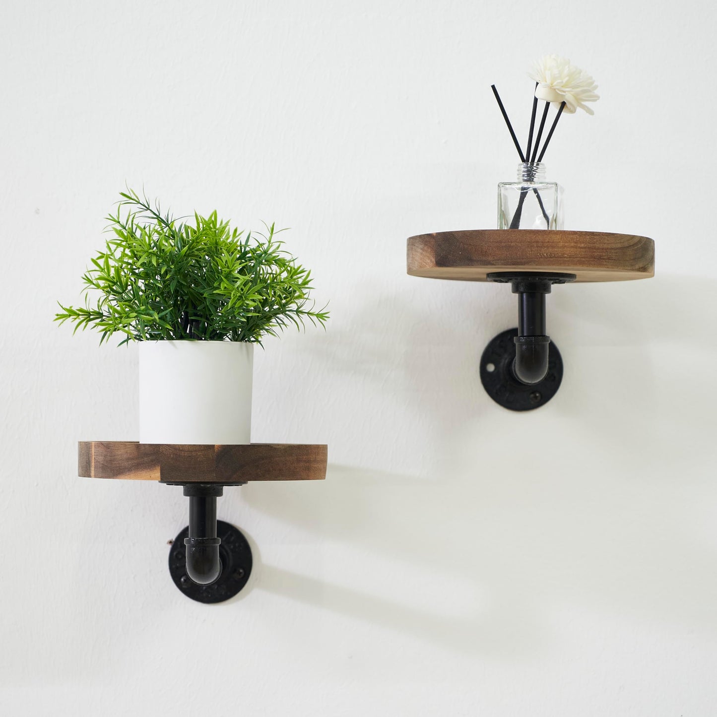 Un-OPENED BOX Round Wooden Floating Shelves Wall Mounted (Set of 2). Made of Acacia Wood. Industrial Pipe Brackets. A Unique Rustic Pedestal for Plants and Ornaments. Diameter 7.1 inches.