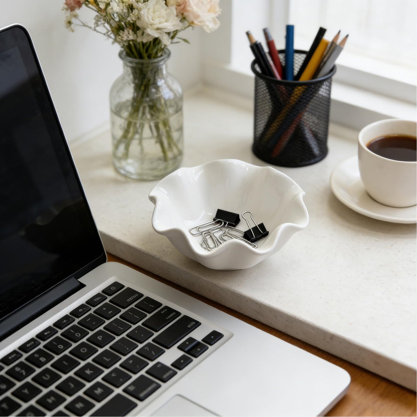 BROSEBEAQ Small Jewelry Tray, Ceramic Lotus Ring Dish, 3.5", White, Vanity Ring Holder, Trinket Dish (White)