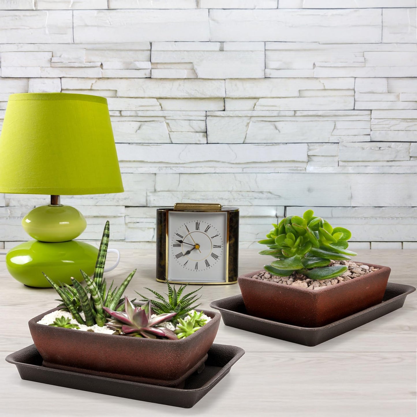 ELFULLY 2 Pack Ceramic Bonsai Pots with Drainage Tray, 6" and 7" Unglazed Rectangle Bonsai Tree Planters, Bonsai Training Pots, Succulent Cactus Planter with Drainage Hole for Outdoor Indoor, Brown