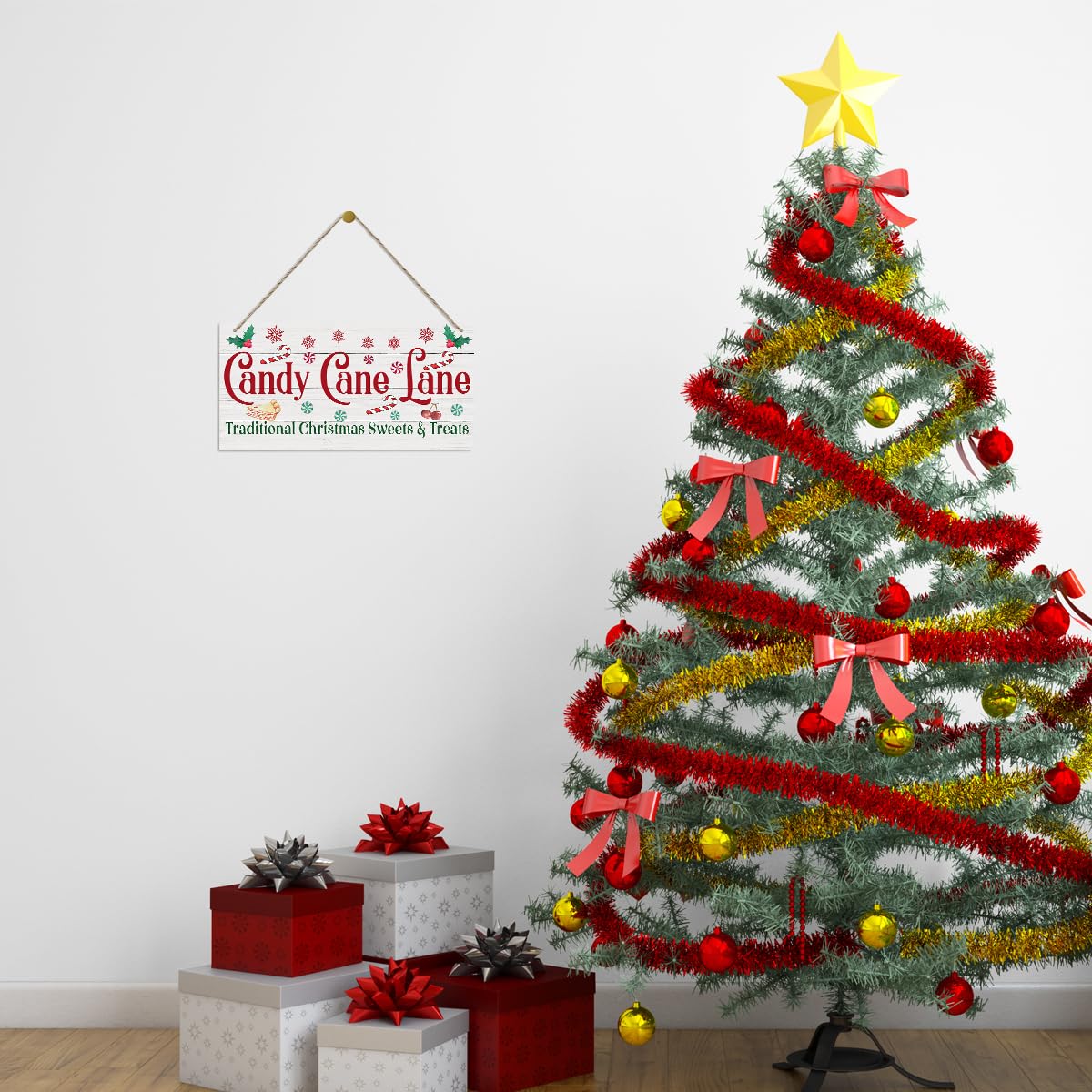 Christmas Decor, Decorative Wood Hanging Wood Plaque, Home Wall Decor Art, Christmas Sign for Kitchen Cafe Bar, Rustic Wooden Holiday Decor, Christmas Wall Decor With Rope, Candy Cane Lane