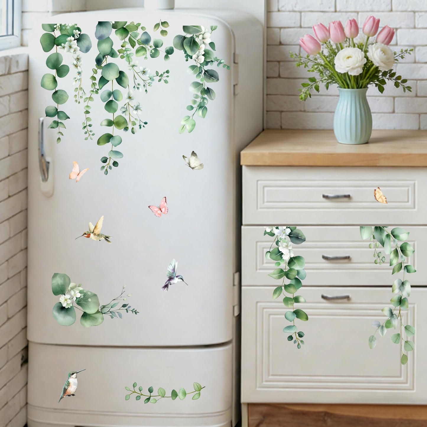 Mfault Spring Summer Hanging Vine Plant Window Clings, Eucalyptus Leaves Hummingbird Flower Butterfly Stickers Decals Decorations, Botanical Floral Plant Home Living Room Kitchen Decor