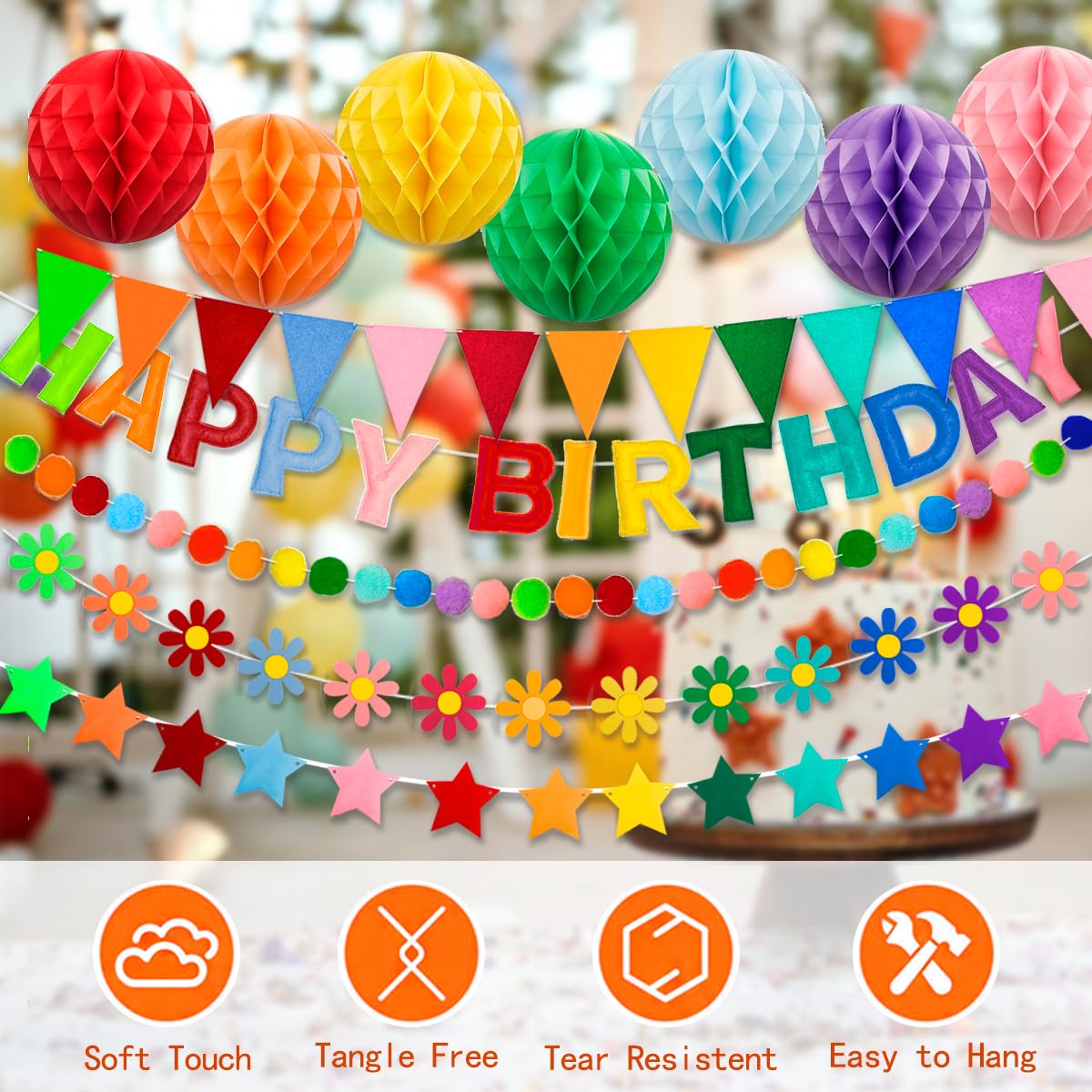 Pre-Strung 3D Happy Birthday Banner, 6 PCS Felt Reusable Birthday Decorations Set with Letter Banner, Pom Pom, Star, Sunflower Garland, Triangle Flag and Honeycomb Balls, Rainbow Decor Sign Photo Prop