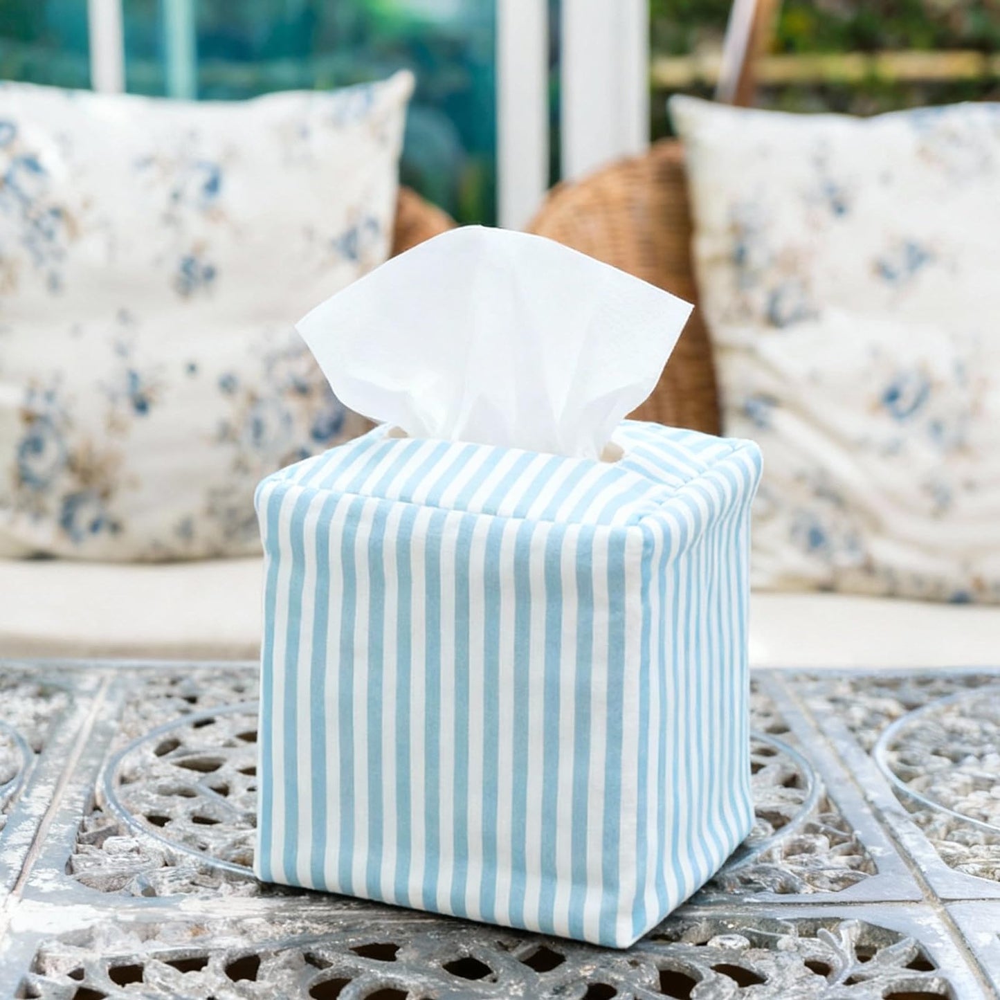 Potchen Coastal Tissue Box Cover Light Blue and White Stripe Tissue Box Cover Decorative Cotton Square Napkin Holder for Home Bedroom Living Room Bathroom Office Kitchen