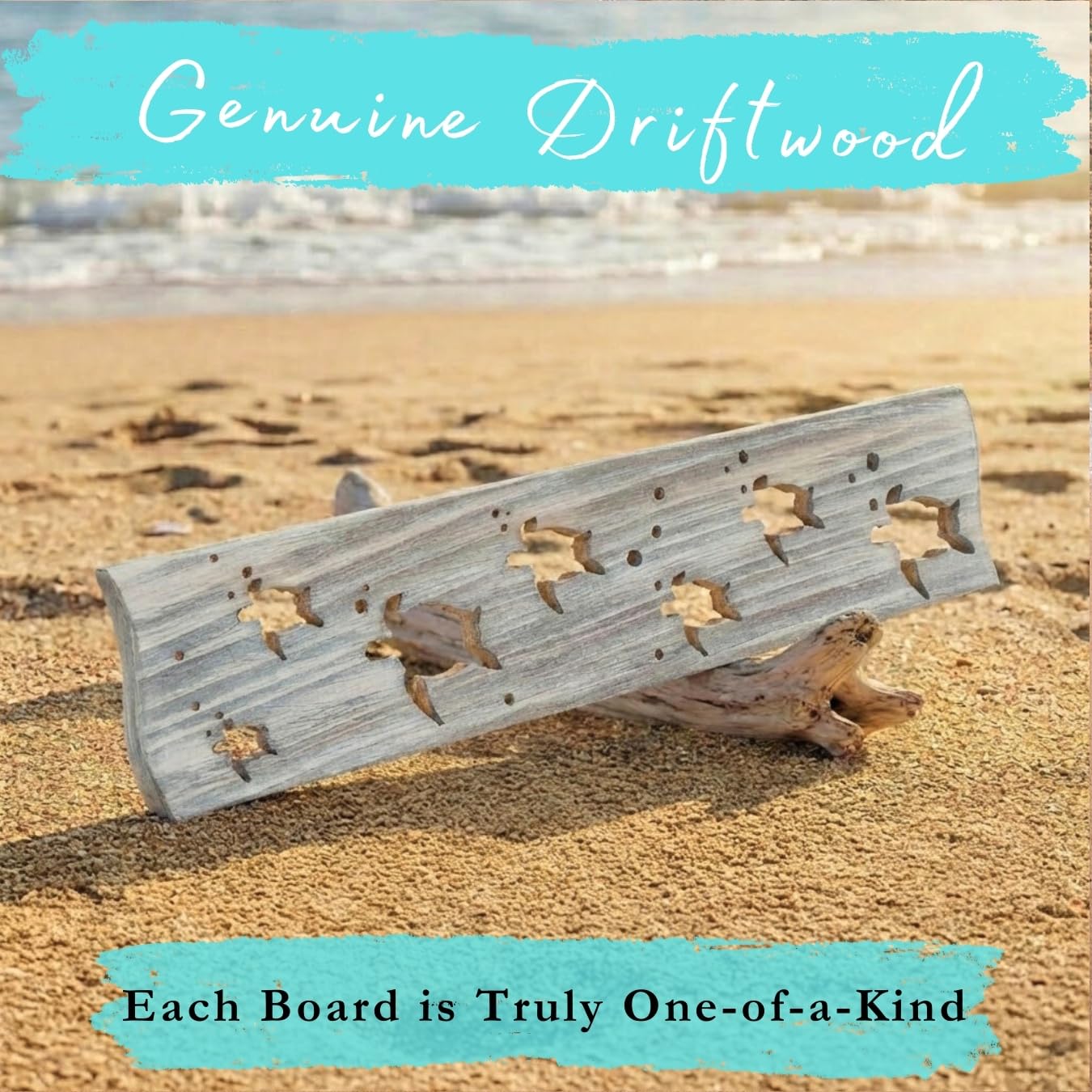 Driftwood Wall Art & DIY Key Holder – Handmade Coastal Home Decor – 17.5" Genuine Weathered Wood Plank with 5 Removable Hooks for Keys, Leashes, and Jewelry – Nautical Beach House Wall Hanging (Turtle March)