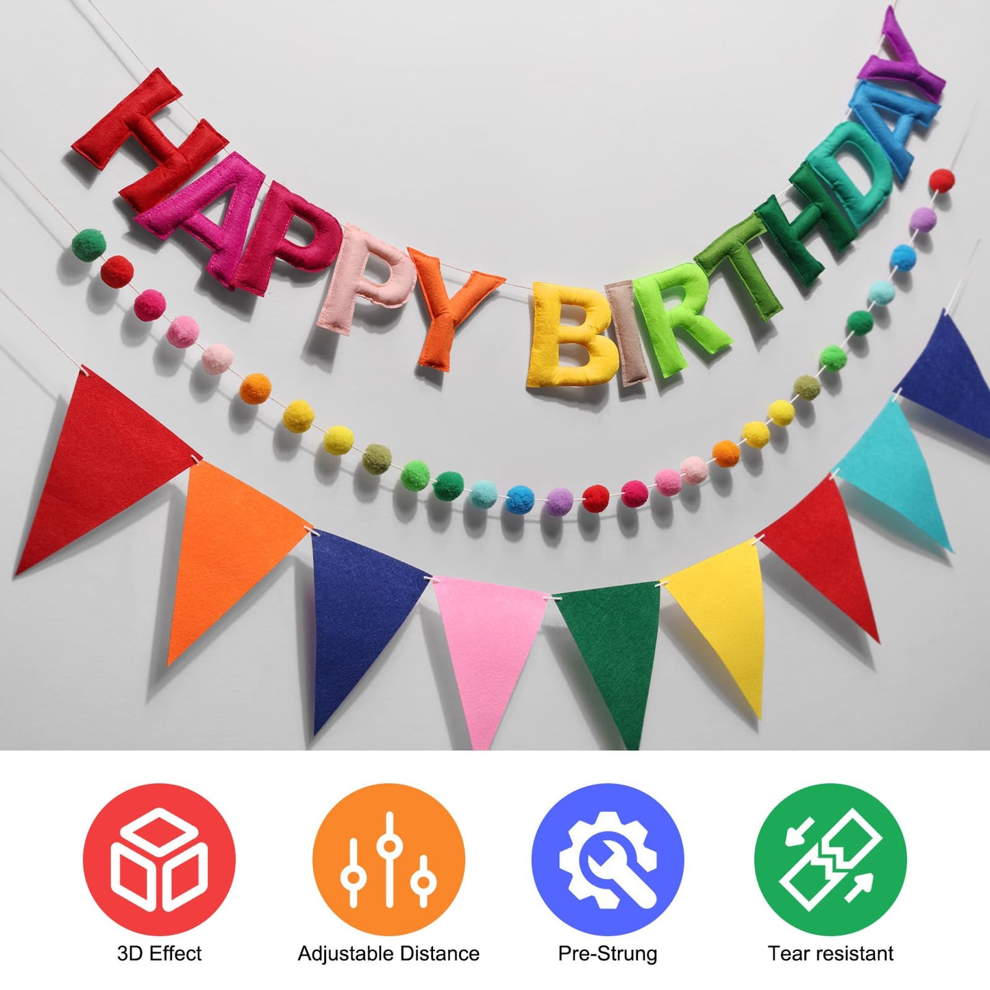 Danadia Pre-Strung Happy Birthday Banner, Reusable Felt Birthday Party Decorations, 3D Effect Happy Birthday Sign with Felt Ball Garland, Pennant Flag, Hanging Paper Fans for Men Women Boy Girls (Rainbow)