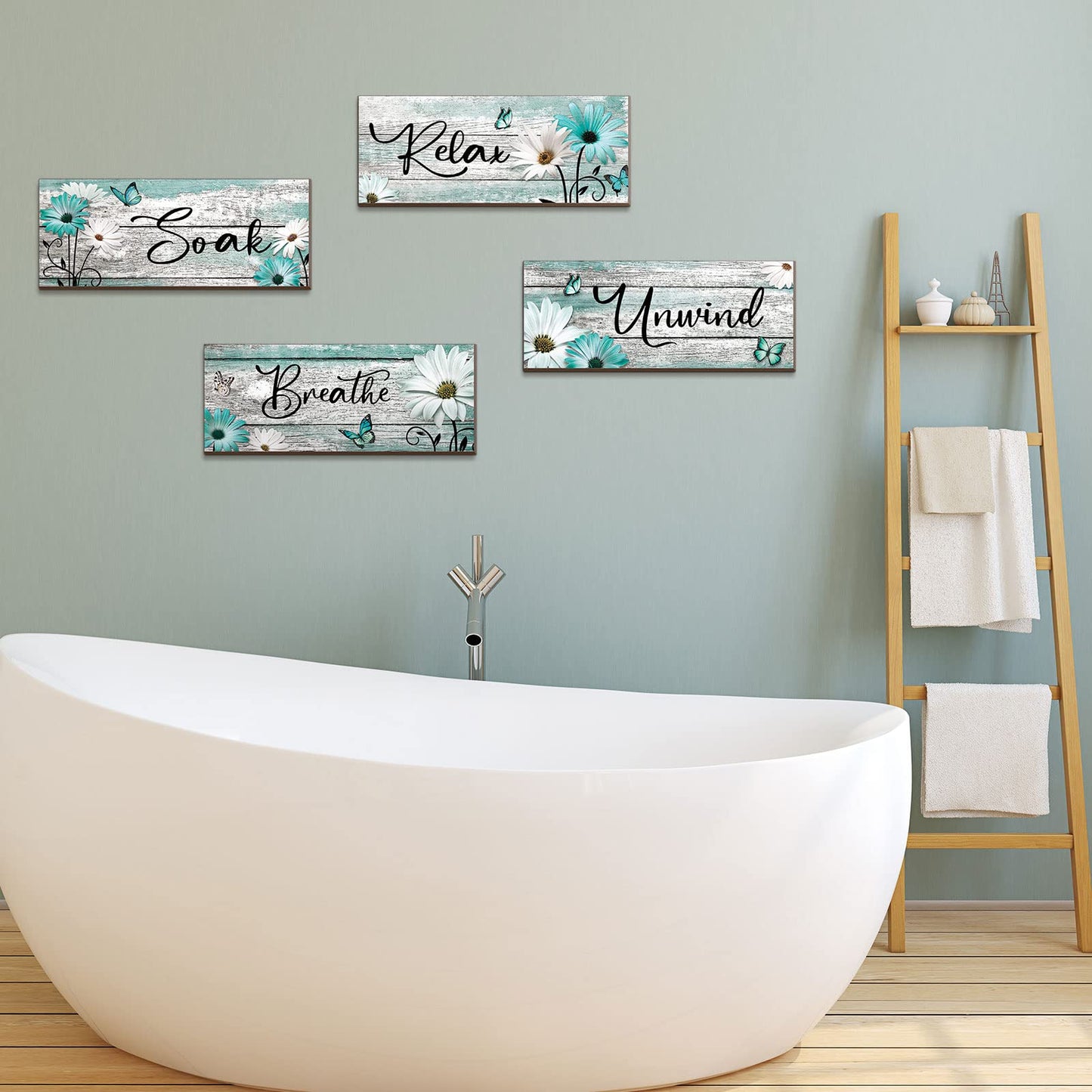 Sunnyray 4 Pcs Farmhouse Bathroom Wall Decor Sign Spring Daisy Tulip Flowers and Butterfly Bathroom Wall Art Relax Soak Unwind Breathe Rustic Wood Plaque Decor(10 x 4 Inch,Turquoise)
