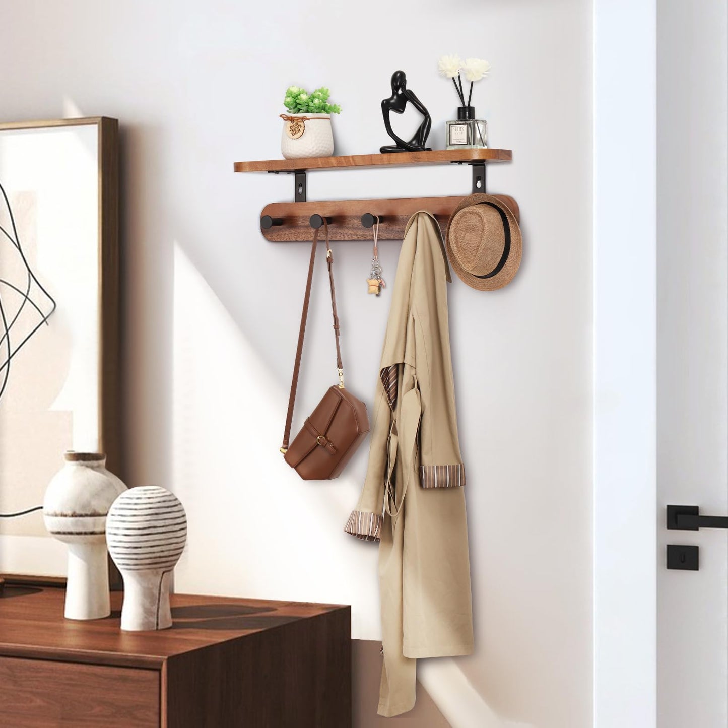 Homiton Coat Rack Wall Mount with Shelf, 17" Walnut Wood Wall Shelf with Hooks, Entryway Floating Shelves with 5 Metal Hangers for Coats, Backpacks, Living Room, Bedroom, Bathroom