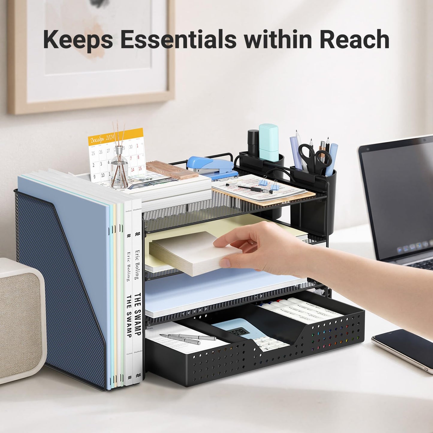 ECOLOVI Desk Organizer, 4-Tier Paper Organizer Letter Tray with File Holder, Drawer and 2 Pen Holders, Desktop File Organizer for Office Supplies, Workspace Storage, Black