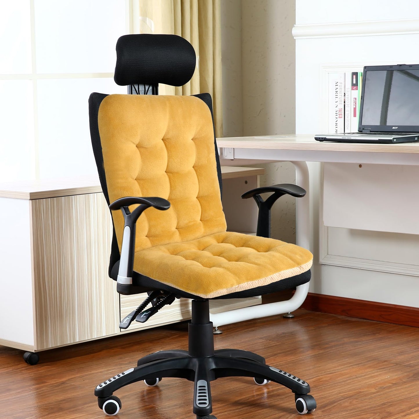 Non-Slip Rocking Chair Cushion, Premium Tufted Rocker Seat Back Pad with Ties, Sturdy &Comfort Thick Padding Pillow Chair Mat Cushions for Outdoor/Indoor Office Home Dining Room Kitchen Patio-Yellow