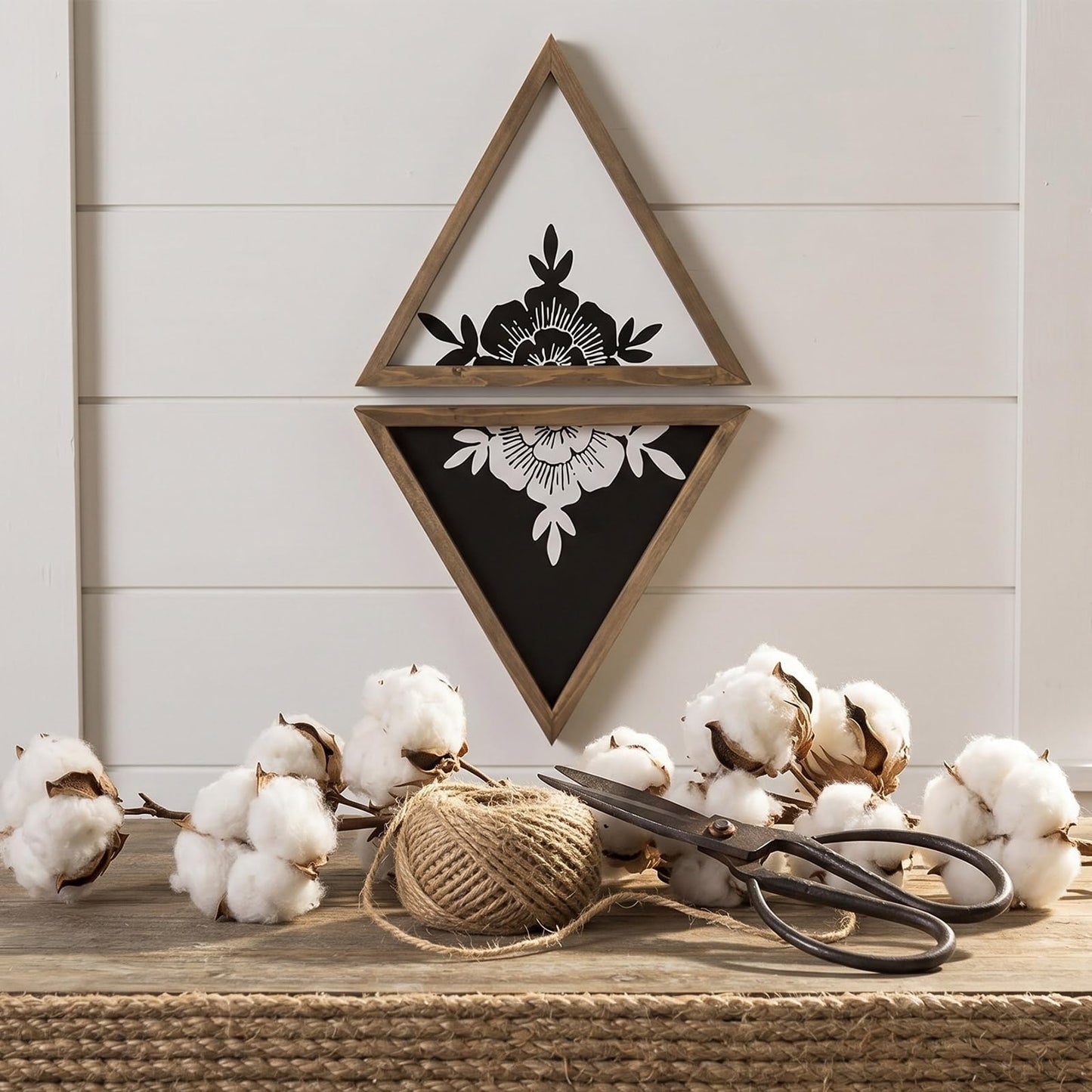 flangairy Floral Wall Decor Wooden Botanical Wall Art Framed Boho Wood Geometric Triangles Black White Bedroom Bathroom Room Home Decorations