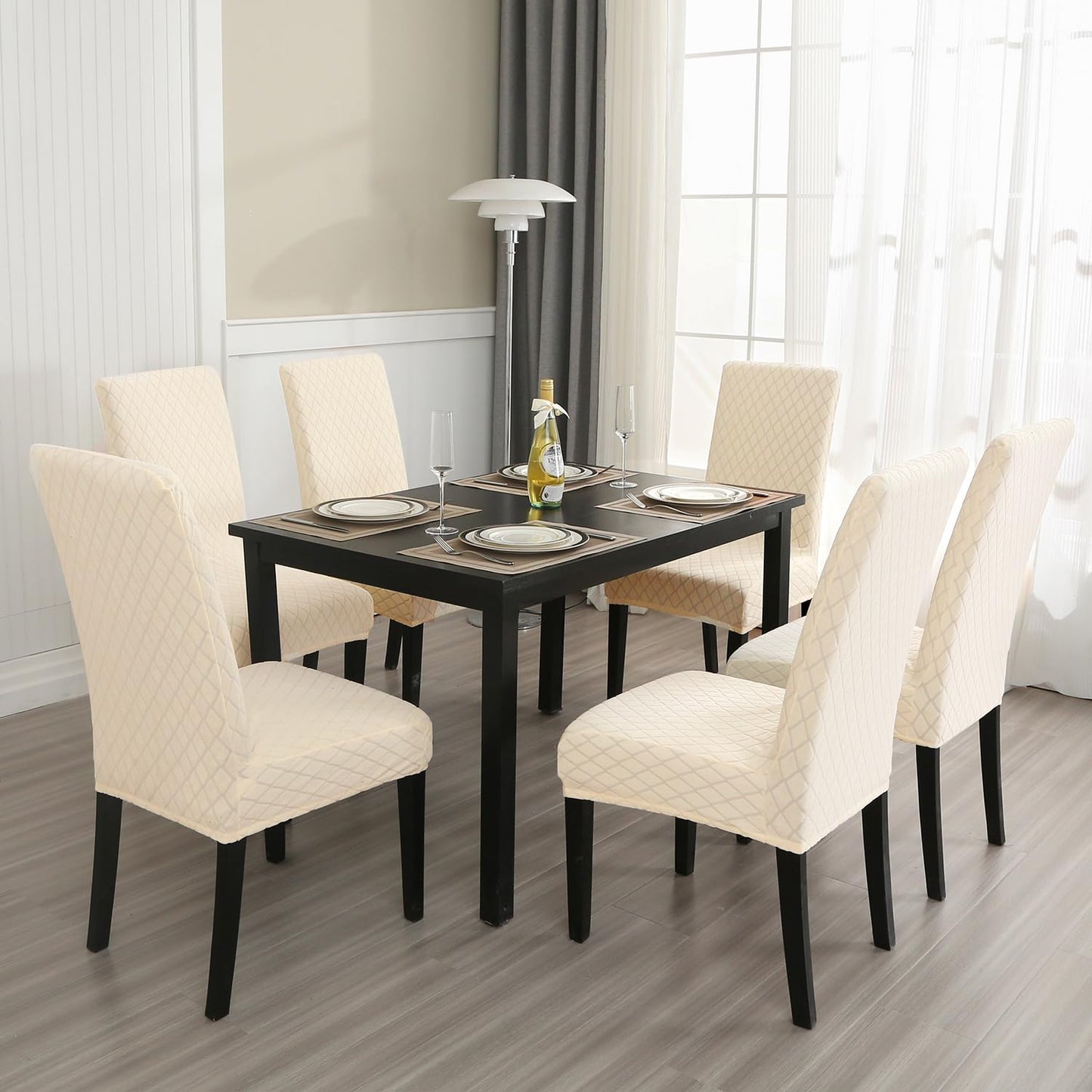 MOSAYT 100% Waterproof Dining Room Chair Covers Set of 6, Super Fit Stretch Jacquard Parson Chairs Slipcovers Removable Washable Chair Seat Protectors for Home, Kitchen, Banquet (Beige)