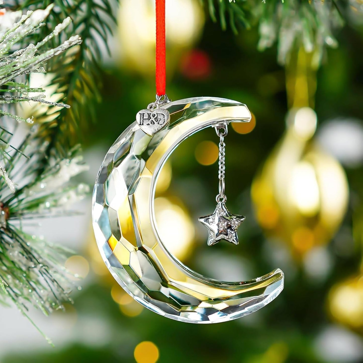 H&D HYALINE & DORA 2026 Christmas Moon Ornament Crystal Christmas Moon Hanging Ornament Clear Crystal Suncatcher Ornament for Xmas Winter Party Home Decor