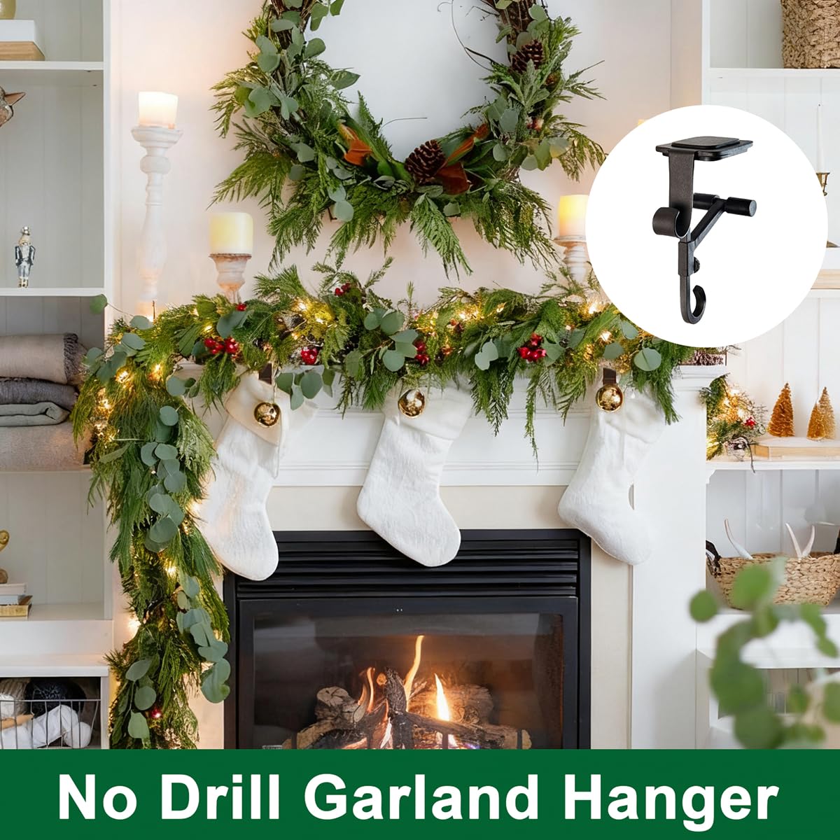 ATRGDUE ATRGDUEFireplace Stocking and Garland Hanger with Two Hooks,Adjustable Mantle Holder- Hold Christmas Decoration and Hang Garland-No Drill,Durable Wrought Iron Holds Up to 20 lbs (3Pcs,Black)