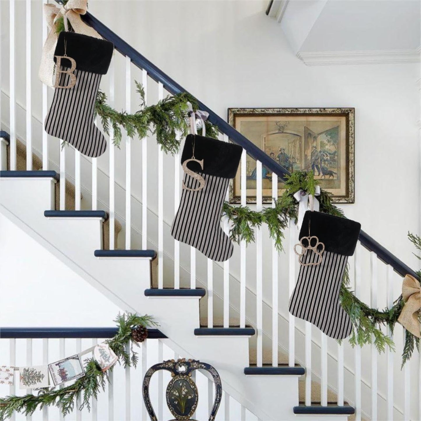 JKSVE 20 Inch Black Vertical Stripe Christmas Stocking, Personalized Gold Wooden Initial Monogram Christmas Stocking,Christmas&Halloween Holiday Party Decor(A)