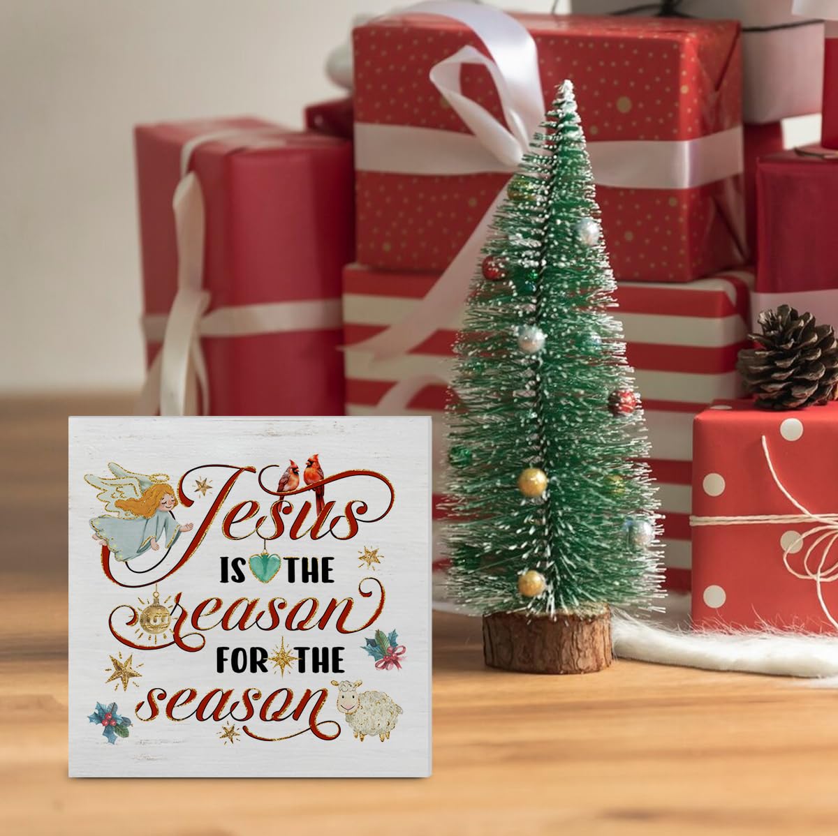 Jesus Cardinal Wooden Plaque Sign - Christian Christmas Decoration, Desk Decor 5 X 5 Inches