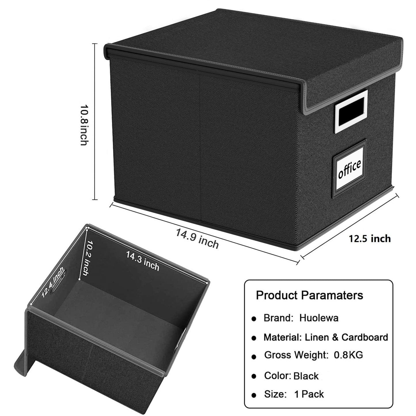 Huolewa File Organizer Box with Lid, Collapsible File Folder Organizer for Office Document Storage, Filing Box with Plastic Slide for Letter Size Hanging File Folders(1 Pack, Black)
