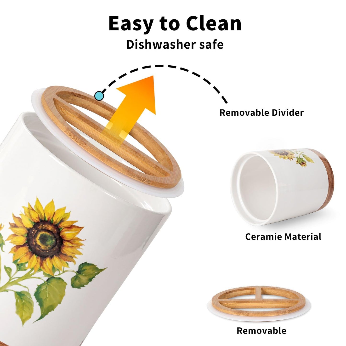 HAPPY KIT 7.6″ Extra Large Kitchen Utensil Holder, 360° Rotating Utensil Holder for Kitchen Counter with 3 Removable Compartment, Housewarming Gift & Farmhouse Decor(Sunflower)